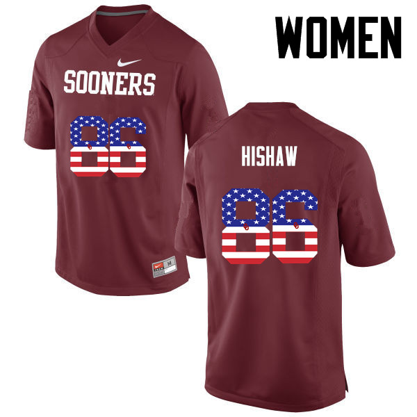 Women Oklahoma Sooners #86 Carlos Hishaw College Football USA Flag Fashion Jerseys-Crimson